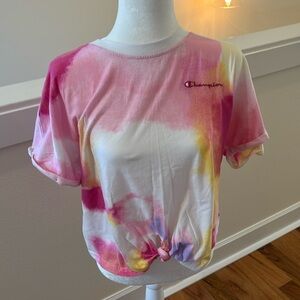 CHAMPION Women’s Tie-Dye Front Knot Shirt Sleeve Tee